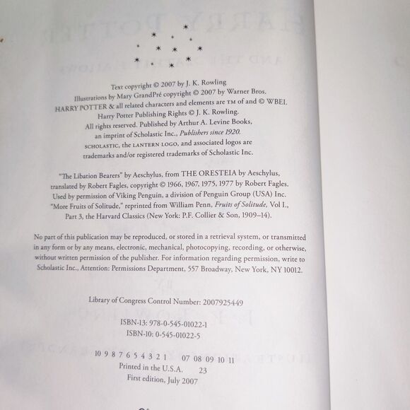 First Edition Harry Potter And The Deathly Hallows Hardcover Book 2007 Pre Owned - Picture 6 of 7